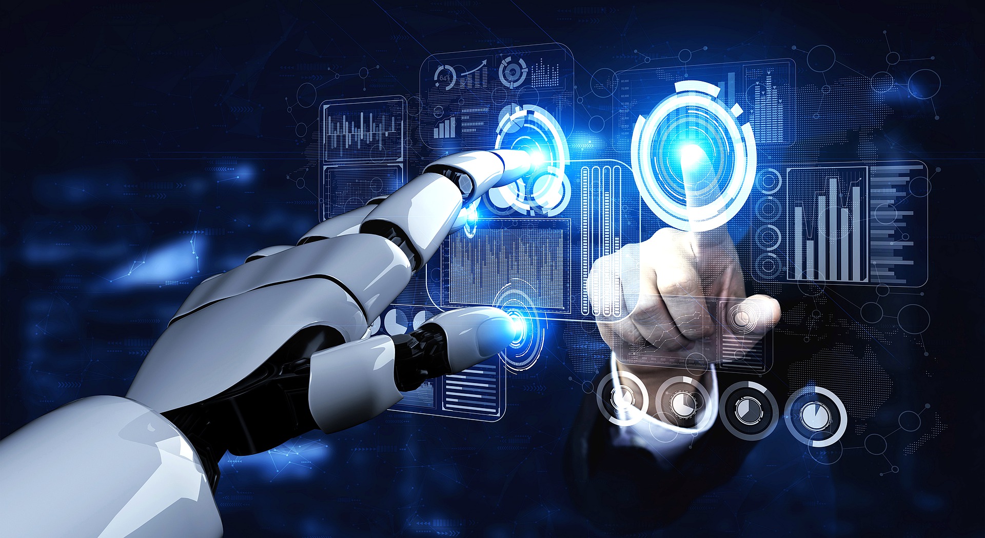 Artificial intelligence robot hand touching human hand