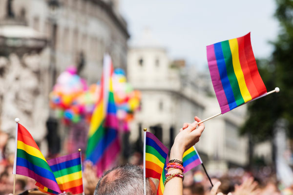 A view of a Pride march - many hands are holding up Pride flags.