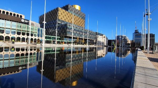 Reflected city scape in water
