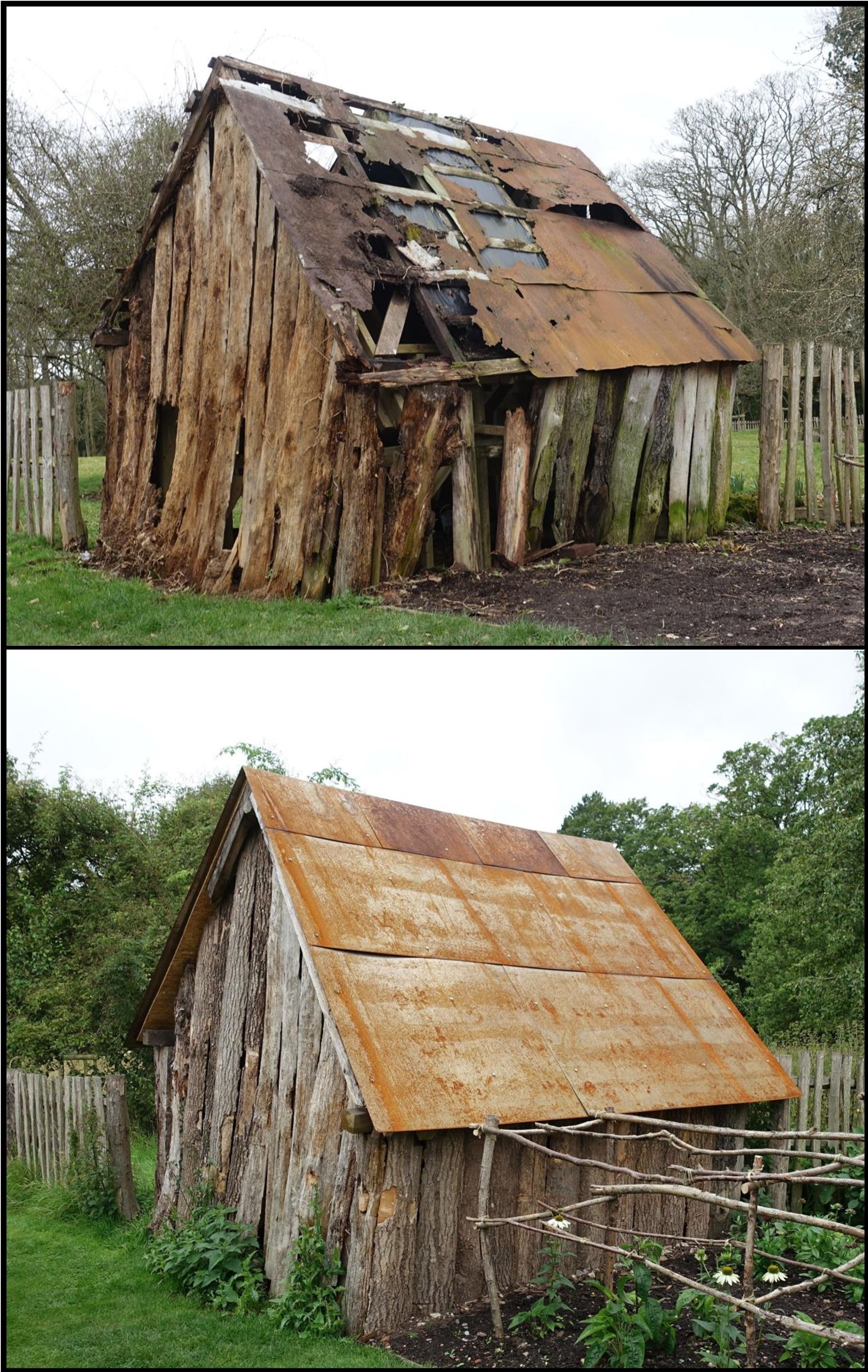 An edit of two shots of a shed