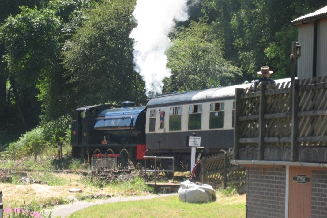 a steam train with grass in front
