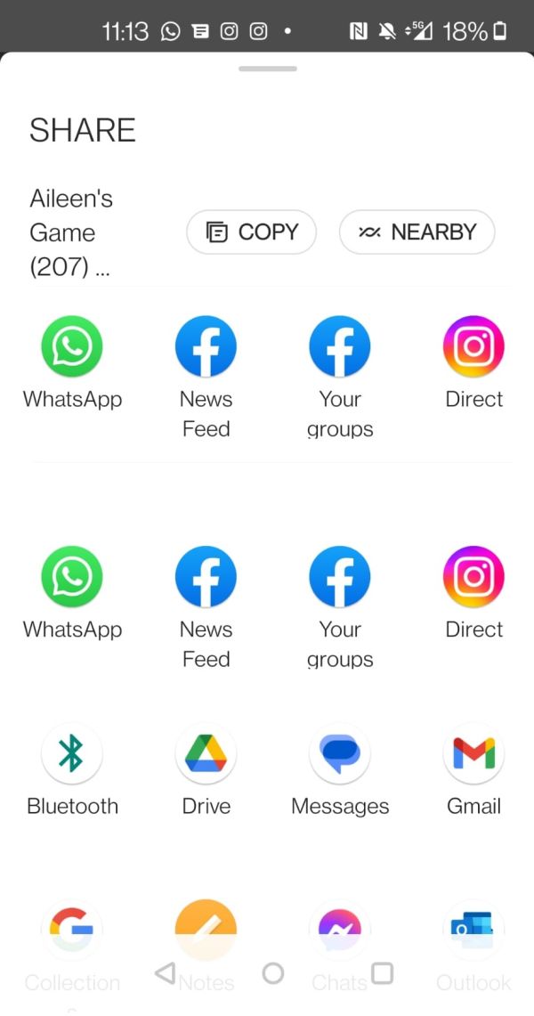 An image taken from a phone screen, showing the various app options on which to share the game's score