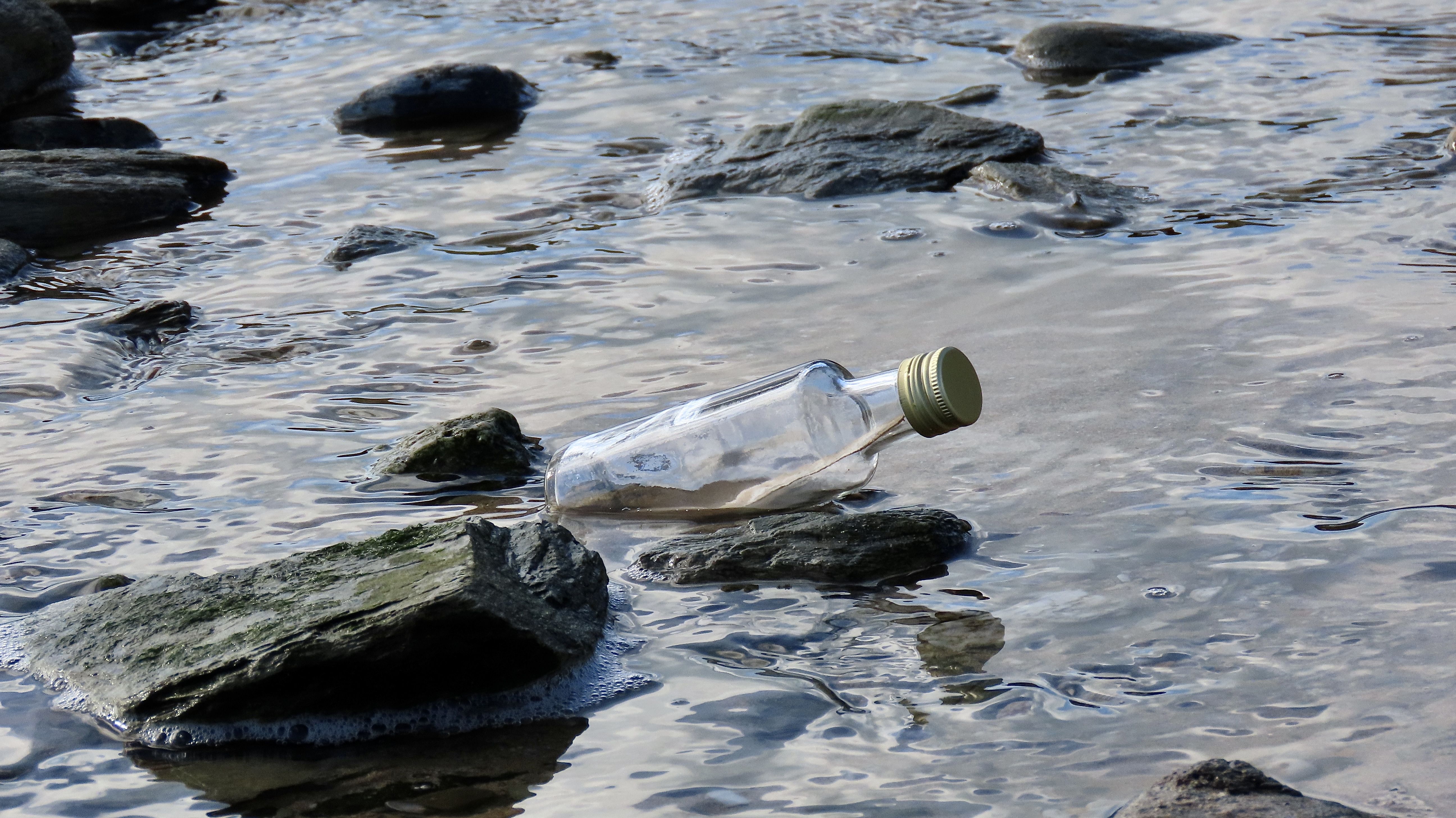 rocks in flowing water with a bottle in the middle